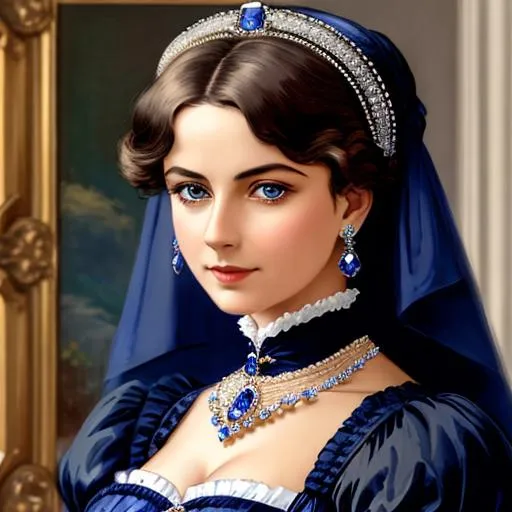 Prompt: Wealthy, stylish lady of the Victorian era, wearing sapphire jewelry, facial closeup