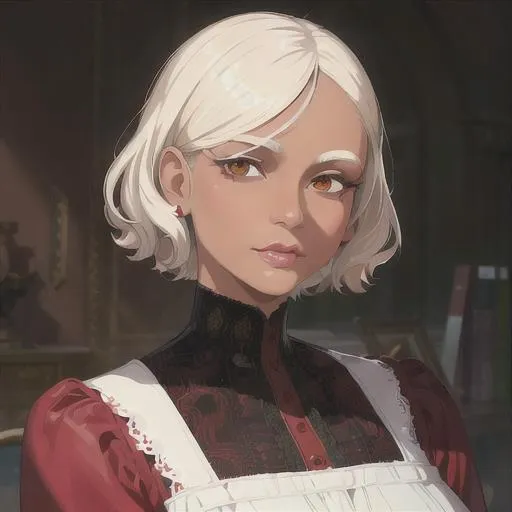 Prompt: (masterpiece, illustration, best quality:1.2), brown skin, soft face, detailed eyes, Victorian style, very short trimmed white hair, devilish like white eyes, wearing red nightgown, best quality face, best quality, best quality skin, best quality eyes, best quality lips, ultra-detailed eyes, ultra-detailed hair, ultra-detailed, illustration, colorful, soft glow, 1 girl