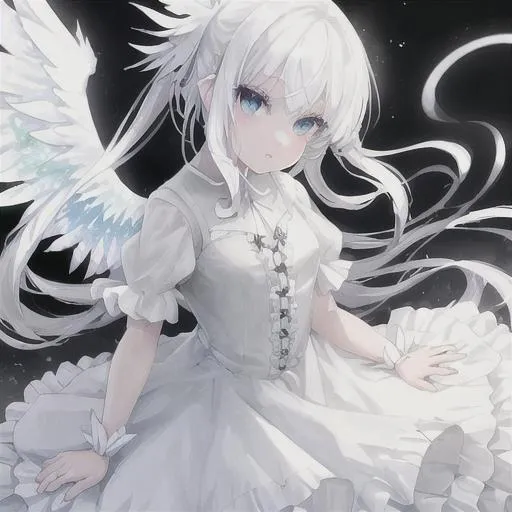 Prompt: white haired girl with beautiful eyes
white dress with hints of rainbow
angel wings with hints of rainbow soft mist