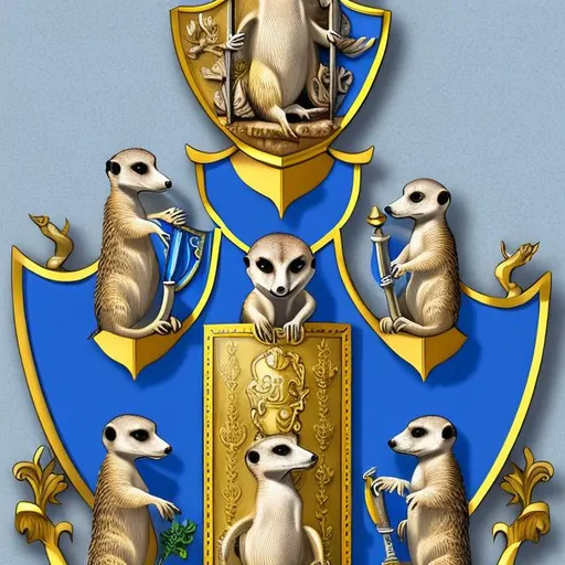 Prompt: Coat of arms, 2 meerkat supporting blue shield on each side, blue shield with gold coins