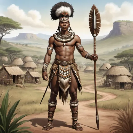 Prompt: Full body, Fantasy illustration of a male zulu warrior, 20 years old, kind expression, traditional garment, high quality, rpg-fantasy, detailed, zulu village background