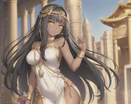 Prompt: Beautiful Cleopatra girl with dark skin black hair in a strait cut and big yellow eyes ,

Temple Architecture Backdrop background,

She wears a white dress


anime artwork with a realistic style, featuring detailed textures, lifelike shading, and accurate proportions,
 

16k, UHD, HDR10, 16K, ((Masterpiece)) , Absurdres,