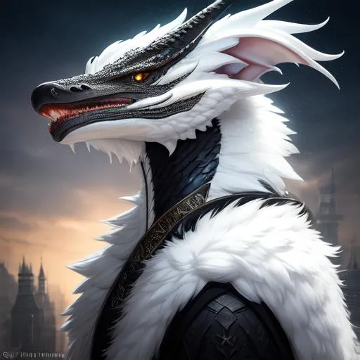 Prompt: Portrait of an anthro wyvern with striking white fur and iridescent black markings and a cute face, liminal space streets, perfect composition, hyperrealistic, super detailed, 8k, high quality, trending art, trending on artstation, sharp focus, studio photo, intricate details, highly detailed, by greg rutkowski