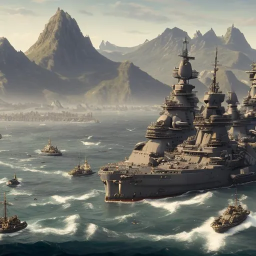 Prompt: a mountain view across a sea with a modern battle fleet on a sunny day