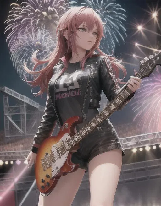 Prompt: An image of a female rock star shredding a guitar solo on stage in front of a massive crowd, with colorful pyrotechnics exploding in the background


Flawless Colorization

Cinematic Photo:1. 3) of (Realistic:1. 3), (Energetic:1. 3) (realistic photo:1. 3), (masterpiece:1. 3), beauty, detailed face, (Objects dress Crystalline 1. 3), Jewelry, Photoshop, best quality, ultra high res, (photorealistic:1. 3) photo, masterpiece, realistic, realism, photorealism, high contrast, 8k HD, HD high definition detailed realistic, detailed, hyper detailed, realistic skin texture, armature, best quality, ultra high res, high resolution, detailed, raw photo, sharp re, nikon d850 film stock photograph 4 kodak portra 400 camera f1. 6 lens rich colors hyper realistic lifelike texture dramatic lighting, Rendered Holographic, Highly Detailed, (Velvia:1. 3) glass clear grafik 