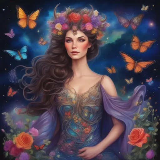 Prompt: A colourful and beautiful Persephone, she is a dragon woman, with scales for skin, antlers and gems in her brunette hair. In a beautiful flowing dress made of wildflowers. Surrounded by butterflies and birds. Framed by a nighttime sky of clouds, stars and constellations. In a photorealistic painted Disney style.