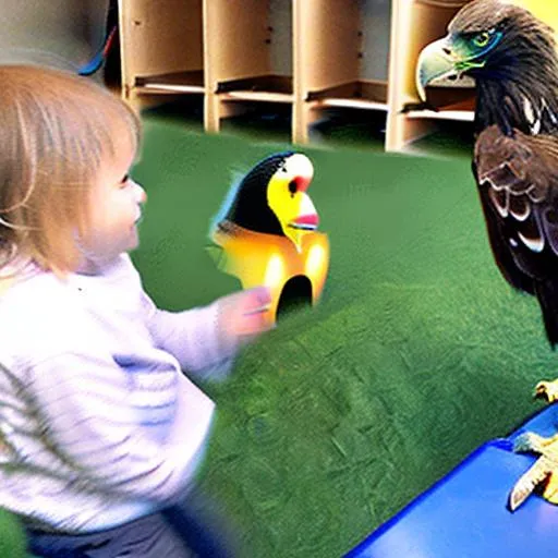 Prompt: eagle at child daycare, eating kids
