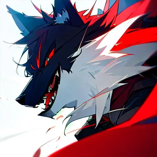 Prompt: Zerif male(Red side-swept hair covering his right eye) wolf ears, wolf tail, HD, 8K, open mouth, fangs