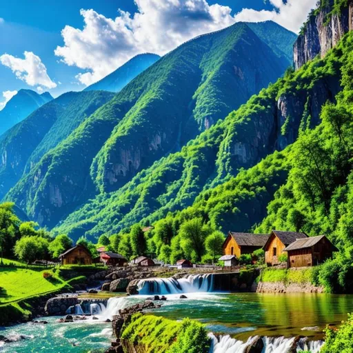 Prompt:  rural village with water fall and mountains , wide screen, 4k, higher resolution, 