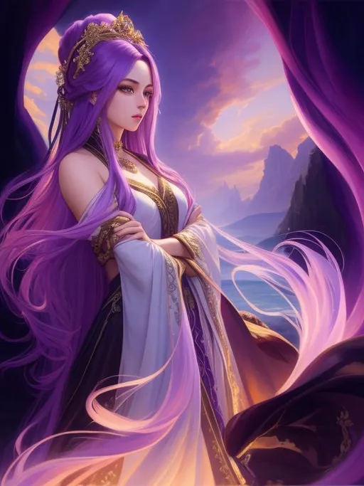 Prompt: Oil painting, Chiaroscuro, landscape, UHD, 8K, highly detailed, panned out view of the character, visible full body, a hyperdetailed mage girl, hyperdetailed long purple hair, masterpiece, hyperdetailed full body, hyperdetailed feminine attractive face and nose, complete body view, ((hyperdetailed eyes)), perfect body, perfect anatomy, beautifully detailed face, alluring smile, ((fantasy_gown1.3)), small chest