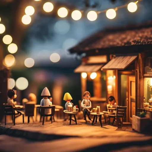 Prompt: tiny wooden outside cafe, tiny wooden people drinking, dining, dancing, string lights, dark night



