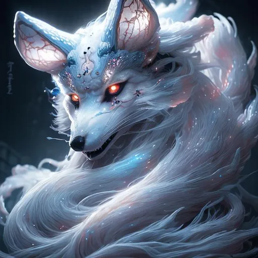 Prompt: Uhd, Hyperrealistic and detailed half transformed kitsune partially shrouded in shadow, peers sweetly with vivid blue glowing eyes, silky white fur, long white flowing hair, sharp long nails in traditional geisha garb