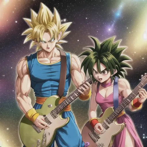 Prompt: Dragon Ball Super Broly and Kefla in a band