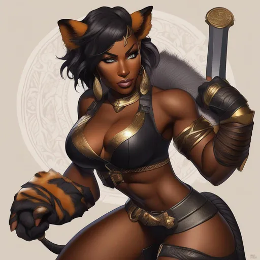 Prompt: She has dark skin, a revealing leather outfit, rippling muscles, and full of scars all over her body. She wears an eye patch with sculpted like face gives off a delinquent boss vibe. She completely feels like a female amazon warrior from some fantasy story. Also she has beast-like ears and a tail like a tiger's. Her fur is very thick.