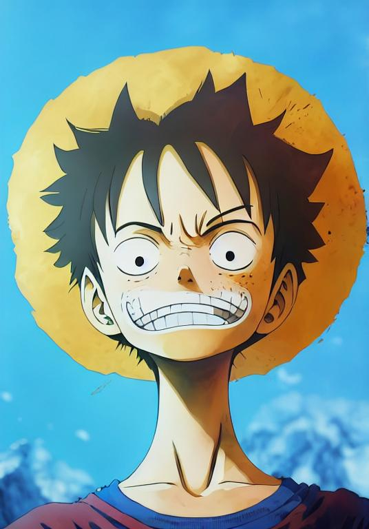 luffy teenager black hair straw hat red shirt blue