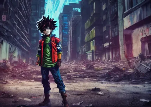 Prompt: Long exposure. post-apocalyptic background with nuclear blast. anime. Vigilante deku. Tattered clothes. All might inspired outfit