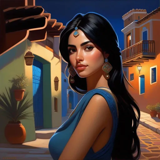 Prompt: Third person, gameplay, Mexican girl, pale olive skin, black hair, brown eyes, modern, Guanajuato at night, blue atmosphere, cartoony style, extremely detailed painting by Greg Rutkowski and by Henry Justice Ford and by Steve Henderson 

