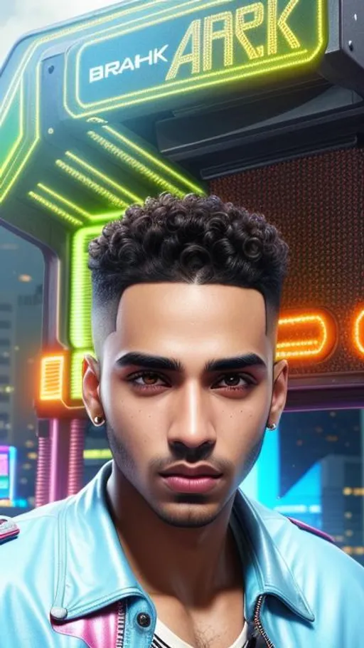 Prompt: A brown skin boy with short curly hair and black eyes with a pointed nose and hairy eyebrow with pink lower lip and brown upper lip with a cyberpunk background, super highly detailed, intricate details, 8k, Ultra HD, Professional, Sharp focus, studio photo, Render, realism