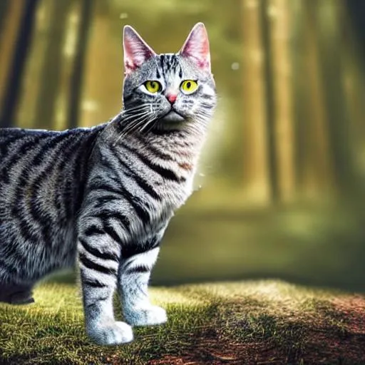 Prompt: Fantasy Cat In Forest, Realistic Animation, Gray Tabby, Staring into Woods
