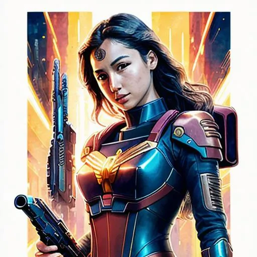 Prompt: masterpiece, best quality, masterpiece,best quality,official art,extremely detailed CG unity 8k wallpaper, intense shadows, fine_art_parody Gal Gadot Liza Soberano from a Gundam Mecha Show, full body, Kim Jung gi, freedom, soul, digital illustration, comic style, cyberpunk, perfect anatomy, centered, approaching perfection, dynamic, highly detailed, watercolor painting, artstation, concept art, smooth, sharp focus, illustration, art by Carne Griffiths and Wadim Kashin ,