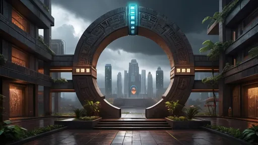 Prompt: magical portal between cities realms worlds kingdoms, circular portal, ring standing on edge, upright ring, freestanding ring, hieroglyphs on ring, complete ring, ancient aztec architecture, zigurat, gardens, hotels, office buildings, shopping malls, large wide-open city plaza, panoramic view, dark stormy night, stormy sky, rain, futuristic cyberpunk tech-noir setting