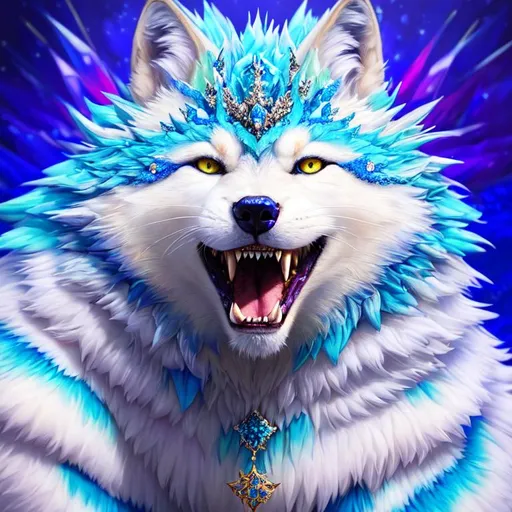 Prompt: (masterpiece, oil painting, 3D, artstation, best quality:1.5), insanely beautiful white ((wolf)) queen, snarling, psychedelic colors, eyes gleam ice blue, frost on fur, (blue jewel-crusted crest), blue magic fur highlights, finely detailed, (sharp intricately detailed eyes:3), beautifully defined detailed legs, beautifully detailed shading, bulky, (incredibly thick beautifully detailed fur:3), highly detailed body, full body focus, beautifully detailed background, brilliant auroras, ice storm, ice element, blizzard, ice rain, surrounded by icy mist, highly detailed pastel clouds, cinematic, high octane render, unreal engine, 64K, UHD, Yuino Chiri