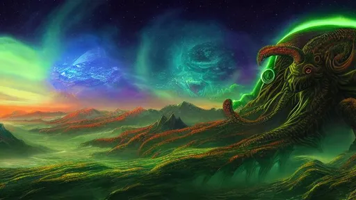 Prompt: Cthulhu, planet and stars in sky, intricate, masterpiece, hyper detailed, firestorm, 8k, neon highlights