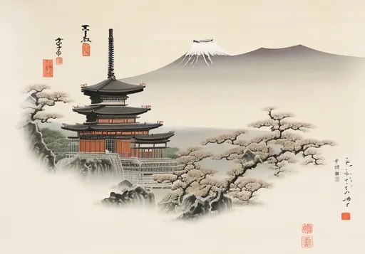 Prompt: an oil painting of a japanese temple in a landscape
