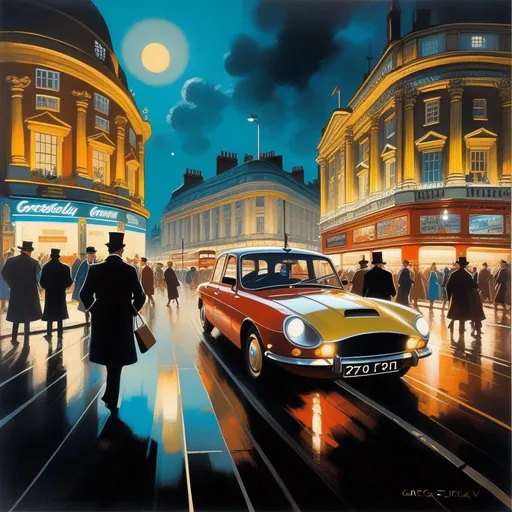 Prompt: 1970s, London at night, Piccadilly Circus, car chase, warm atmosphere, cartoony style, extremely detailed painting by Greg Rutkowski and by Henry Justice Ford and by Steve Henderson