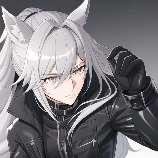 Prompt: Your OC is a little mangled horse, with gentle ash-gray eyes. He has long grey hair. Wearing a black latex suit with black gloves Masculine anime style. UHD, HD, 4K, highly detailed,