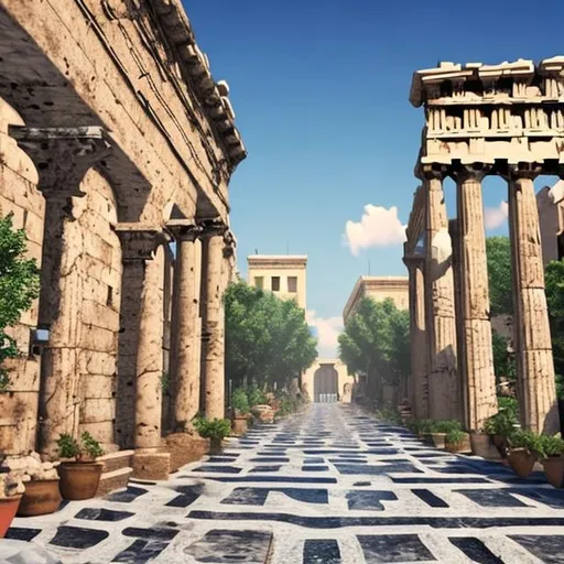 Prompt: Greece realistic. with a huge wall surrounding the city. statues. 