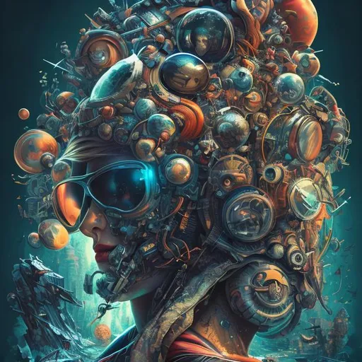 Prompt: ad poster, splash art, vector art, zoom out, zoom out head and shoulder, surrounding elements, cool shades, digital painting, portrait masterpiece, surreal abstract mental implosion
