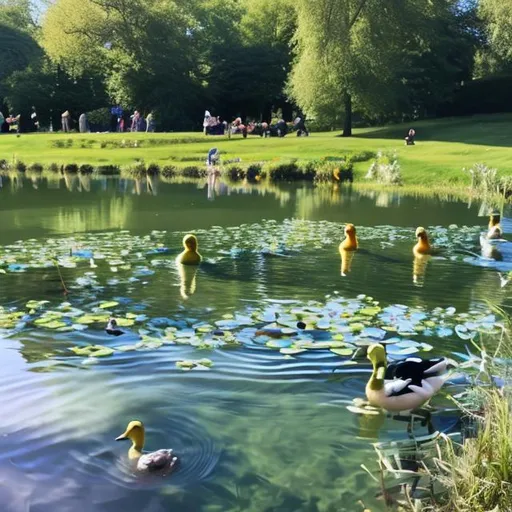 Prompt: a beautiful sparkling pond where ducks are swimming and someone is having a picnic 