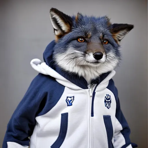 Prompt: Dark blue anthropomorphic fox, white chest and front paws, grey stipes on hind legs and tail, white tips on his ears, human look and standing upright, wearing a black hoodie, oil painting, realistic