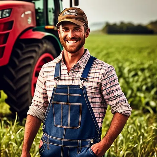 Prompt: farmer, male, handsome, overalls, happy, smiling, tractor, grass, realistic