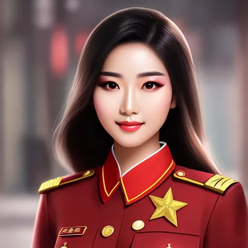 Prompt: Realistic art of jiafei. Chinese woman in Chinese communist military uniform. Kpop star. Chinese beauty. Age=19