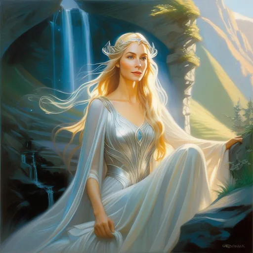 Prompt: galadriel (as described in LOTR the book), fantasy, silver atmosphere, cartoony style, extremely detailed painting by Greg Rutkowski and by Henry Justice Ford and by Steve Henderson 