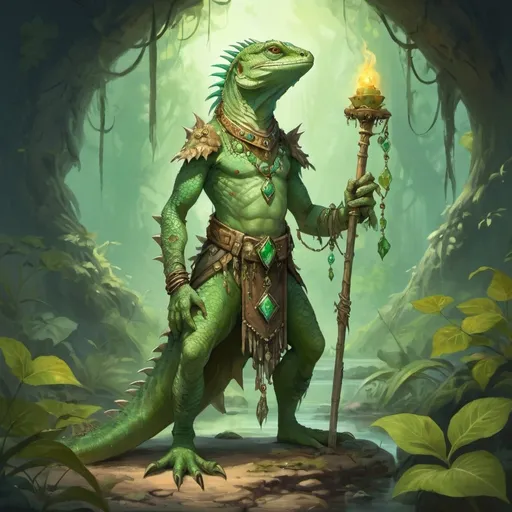 Prompt: Full body, Fantasy illustration of a lizard an shaman, young, green scales, delicate jewelry, mystical appearance, detailed, high quality, rpg-fantasy, swamp settlement, painting, art