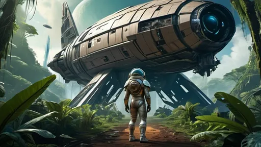 Prompt: a cone-headed male annunaki explorer allalu wearing a fish-scale-space-suit walks toward camera facing camera away from a giant heavily damaged crashed spaceship in the background, stranded all alone, lush jungle landscape