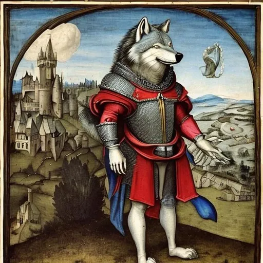 Prompt: A 1500's painting of a anthropomorphic wolf in a knights suit.