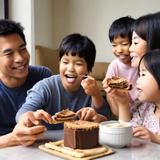 Prompt: An asian family eating chocolate spread sandwich for breakfast