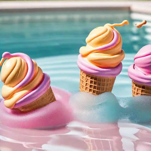 Prompt: 3 swirly ice-cream in a pool on a floatie