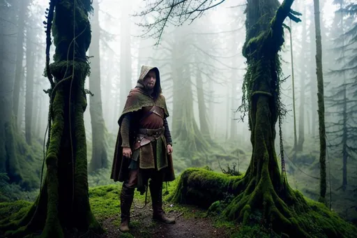 Prompt:  elven hunter wanderer, worn clothes, cloak, leather, belts and pouches, pack and gear, multilayred outfit, in a mossy, decaying, rusty and worn,  intricate detail,  show antennas and wires and circuits, old apocalyptic city wasteland overgrown by oppressive huge forest, vines, plants and roots growing, cracking through walls, 3d render,  high detail,
