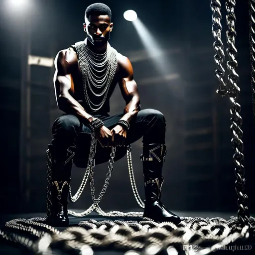 Prompt: Full length Beautiful short hair black man, beautiful dark eyes,long black eye lashes sitting down wrapped in big heavy metal slave chains, handcuffs cinematic lighting, realistic, super detailed, confident