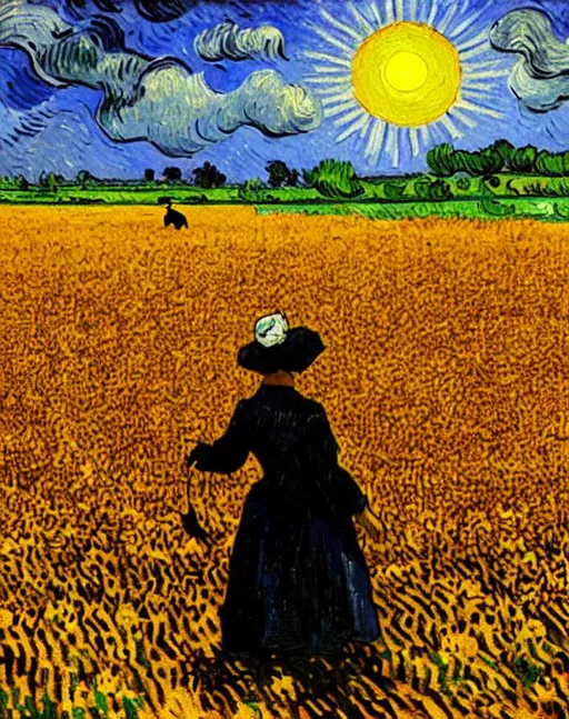 Prompt: oil painting by Vincent VanGogh dying sunflowers in a setting sun, sad lonely woman wearing a sun bonnet, black cat, award-winning cgi, blender