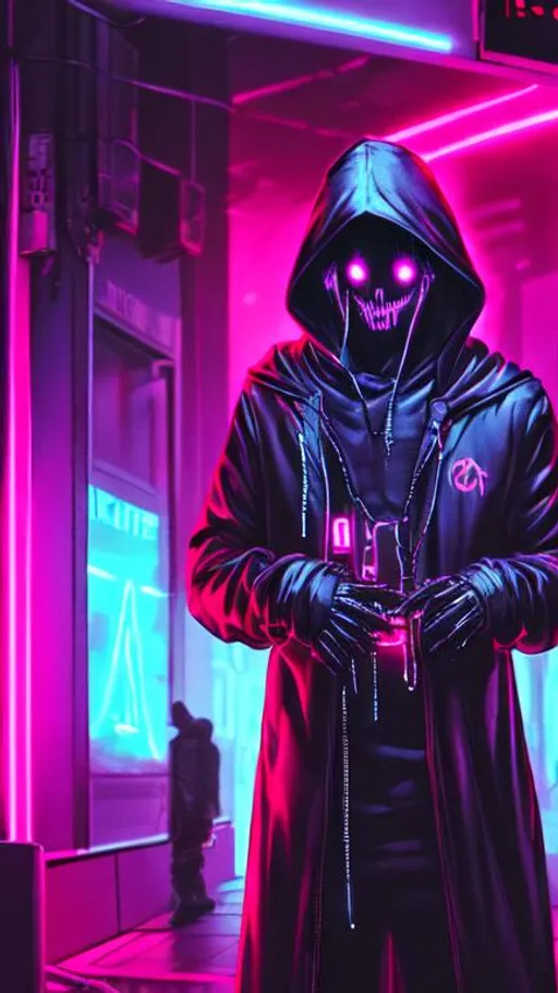 Prompt: Quality, hooded figure, selling their soul to death, neon lighting, 8k, cyberpunk