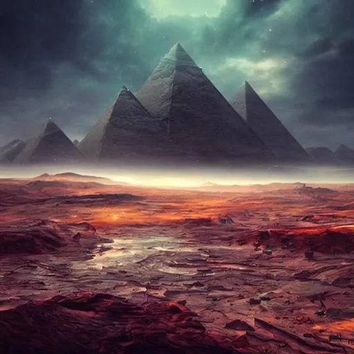 Prompt: a desolate landscape with massive ancient alien pyramids, cosmic, interstellar, vivid sky, digital art, psychedelic, concept art, intricate, epic, depth, highly detailed, mysterious, octane render, 4k hyper-realistic, hyper-detailed, high quality, large image