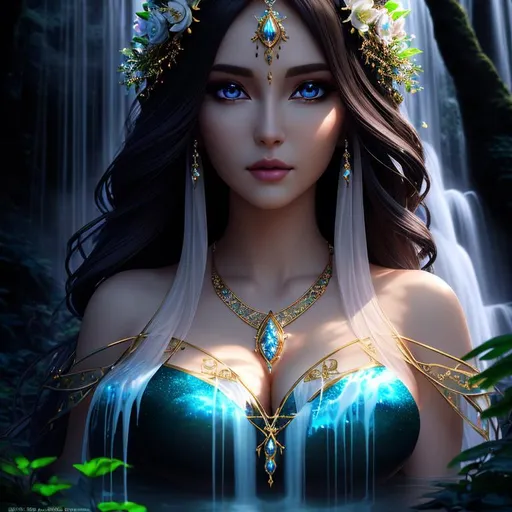Prompt: Beautiful 3D HD dramatic cinematic lighting [({one}{Beautiful!!! Goddess}Sorceress) wearing  {(liquid)Ivory}silk]::2, detailed gorgeous face, expansive magical waterfall forest tree sparkles background, hyper realistic, 8K --s98500
