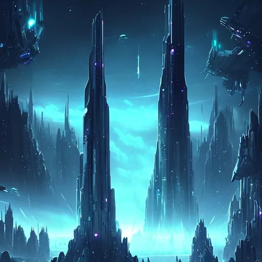 Prompt: Futuristic Tall black towers on deep dark ocean dark sky spaceships night lights hover ships dark tall city lots and lots of small floating ships hovering above clouds big planet with rings closeby spaceships hovering