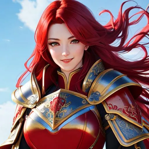 red hair female knight, hairs blowing in the wind, w... | OpenArt